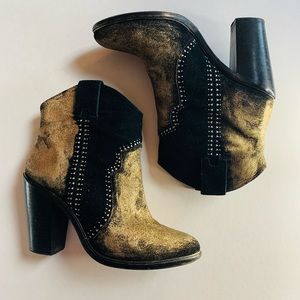 JOIE custom suede ankle bootie black and gold hand painted rock and roll 38